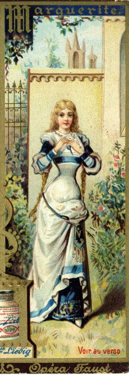 Marguerite Charles Gounod 1859-ben készült Faust című operájában, Johann Wolfgang von Goethe darabja után. Női nevek ábécéje a témában: női jelmezek és operák. Liebig reklám kromolitográfiája . alkotó: French School