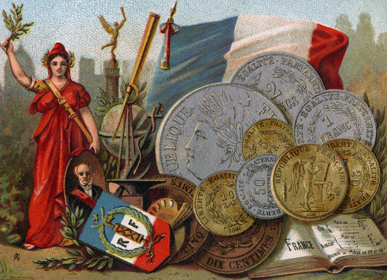 Marianne a francia Tricolore zászló mellett, egy földgömb és távcső és egy frank kijelző mellett, 1890 körül alkotó: French School