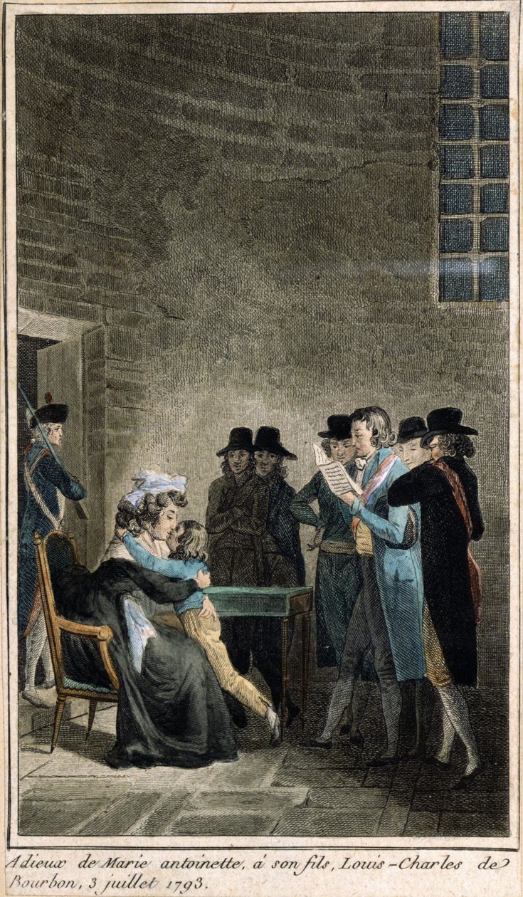 Marie-Antoinette (1755-1793) búcsút vesz fiától, Dauphintól, Louis-Charles de Bourbontól (1785-1795) a templomban, 1793. július 3-án (színes metszet a mona helyreállítása idején alkotó: French School