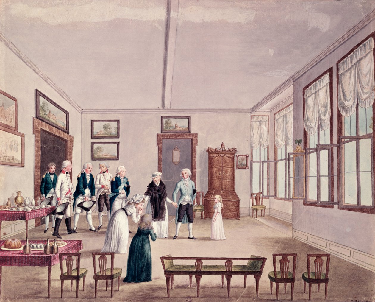 Marie-Therese-Charlotte de Bourbon, Madame Royale találkozik unokatestvéreivel, II. Ferenc osztrák császárral és feleségével, Mária Terézével Bécsben, miután 1795-ben szabadult a párizsi bebörtönzésből, 1796 körül (wc) alkotó: French School