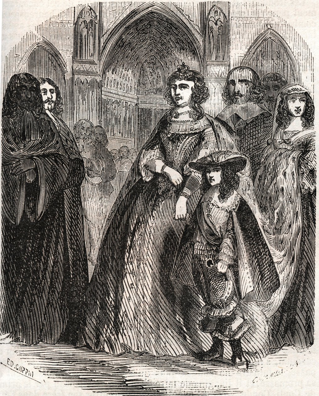 Marie de Medicis (1573-1642), Franciaország királynője és a királyság régense fiával, XIII. Lajossal a Notre-Dame de Paris-ba utazik – L.-P. „Histoire de France” című művében. Anquetil alkotó: French School