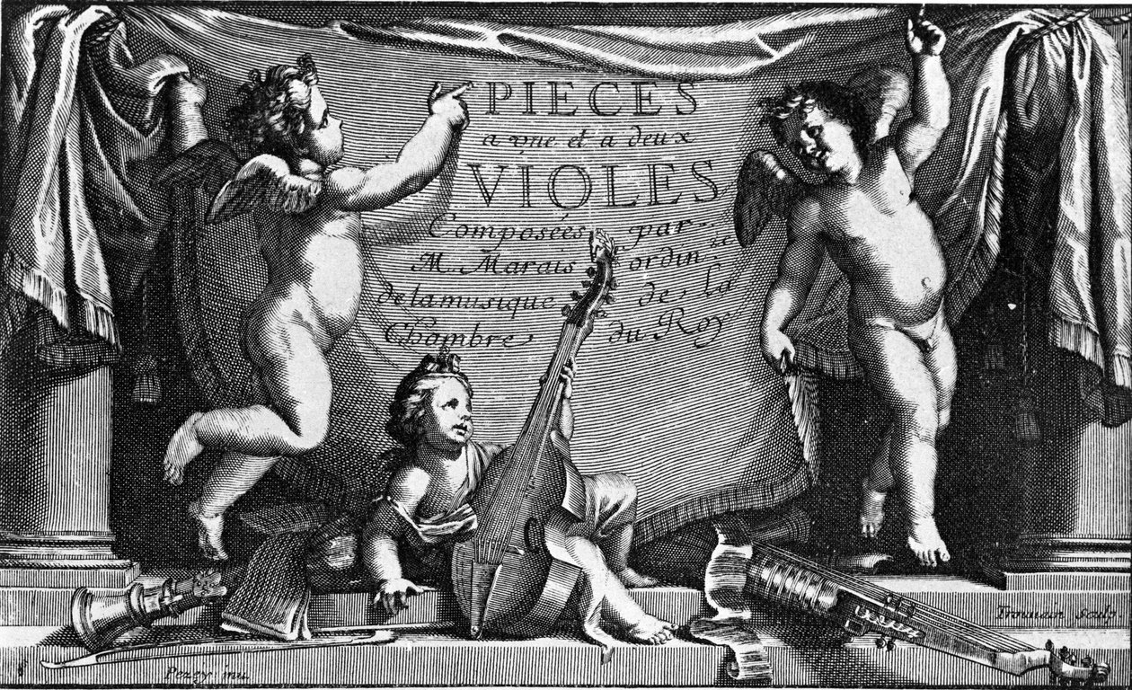 Marin Marais, a „Pieces a une et feus viololes” frontképe alkotó: French School