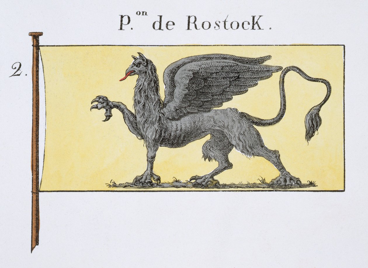Tengeri zászló Rostock címerét jelző Griffin emblémával, egy francia zászlóskönyvből, 1819 körül alkotó: French School