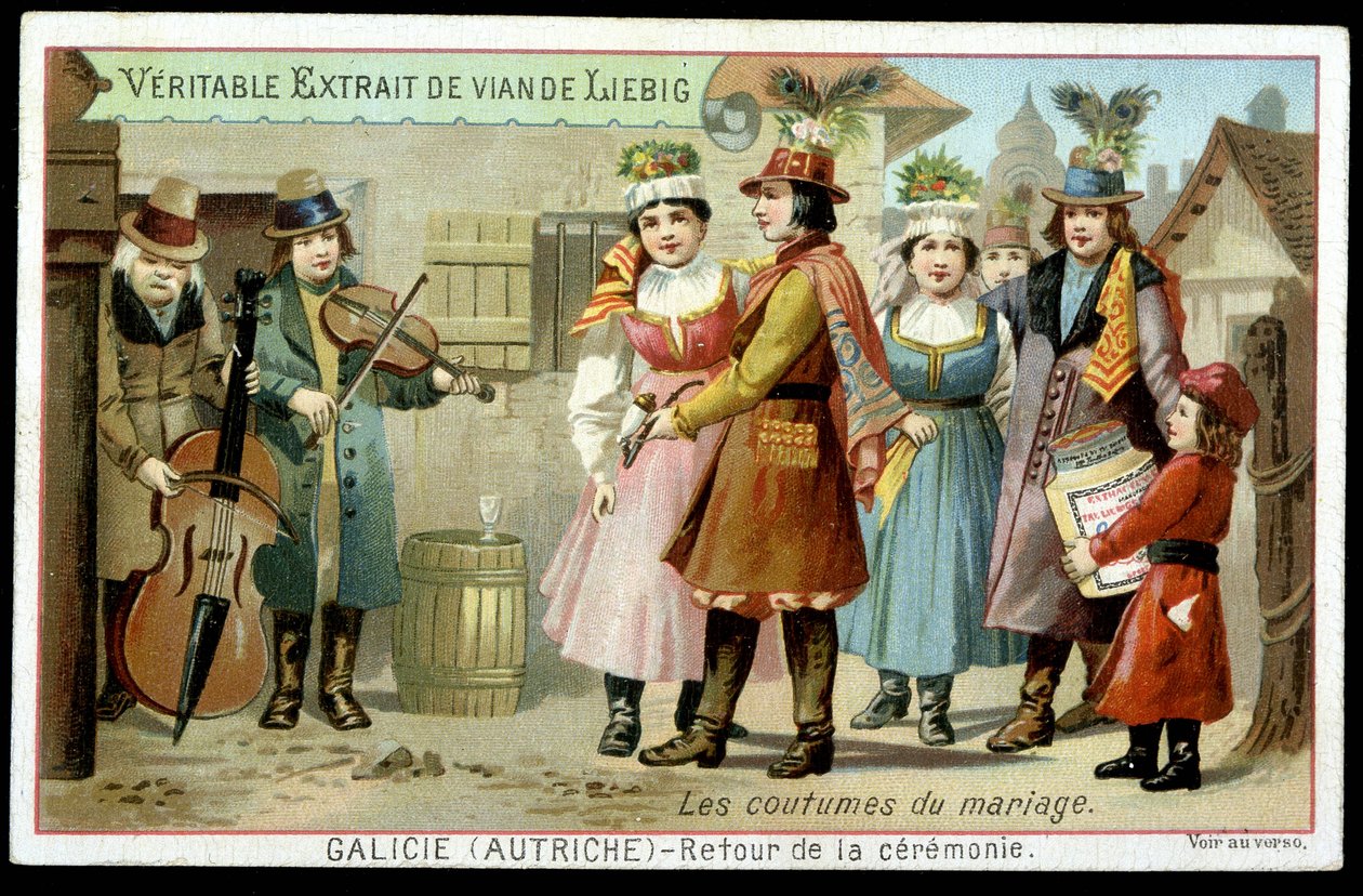 Házassági szokások: a szertartás visszatérése Galíciában, Ausztriában - chromo. Liebig, 1895. v alkotó: French School