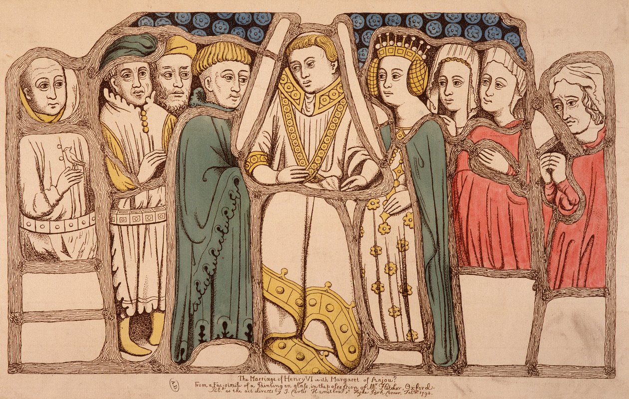 VI. Henrik angol (1421 - 1471) és Anjou Margarita (1429 - 1482) házassága 1445-ben. Metszet 1793-ból. Bibl. az Arts Deco Párizsban. alkotó: French School