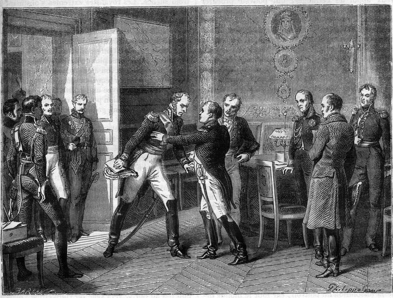 Michel Ney marsall oldalt vált, csapataihoz csatlakozik Napóleonhoz 1815. március 14-én - Les Hundred Days - Interjú Marechal Michel Ney-vel és Napóleonnal Auxerre-ben 1815-ben - Marechal Ney, aki I. Napóleon mellett hirdeti magát, visszatér Elba szigetérő alkotó: French School