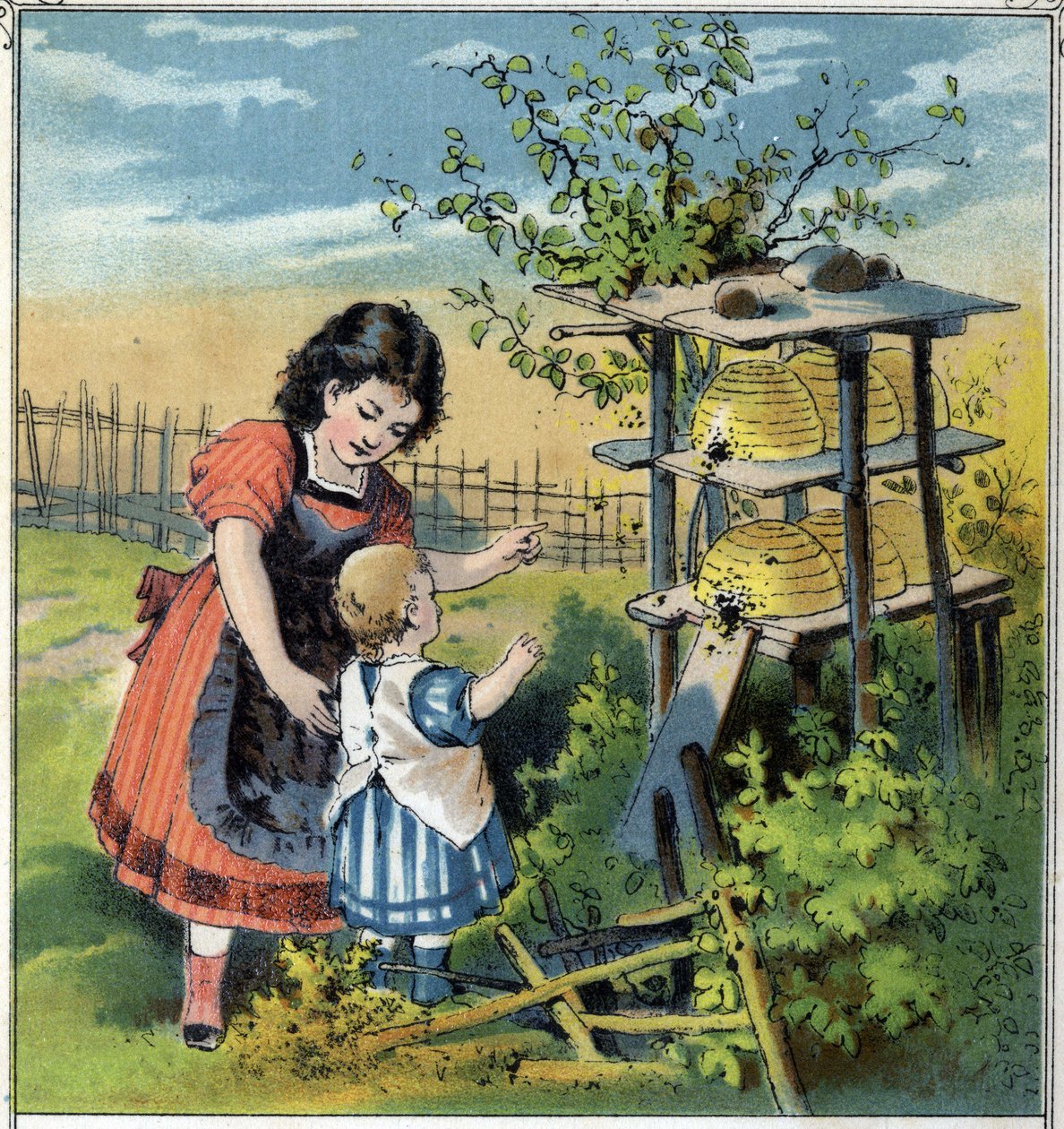 Martha megmutatja kishúgának a méhek munkáját a kaptárban. Kromolitográfia a „” Scenes enfantines””” kiadásból, szerk. Guerin - Muller 1885 körül. alkotó: French School