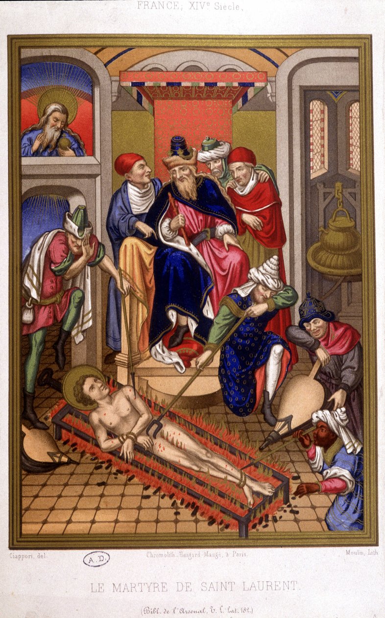 Saint Laurent mártíromsága (grill) a középkori miniatűr után, Franciaország 14. század. alkotó: French School
