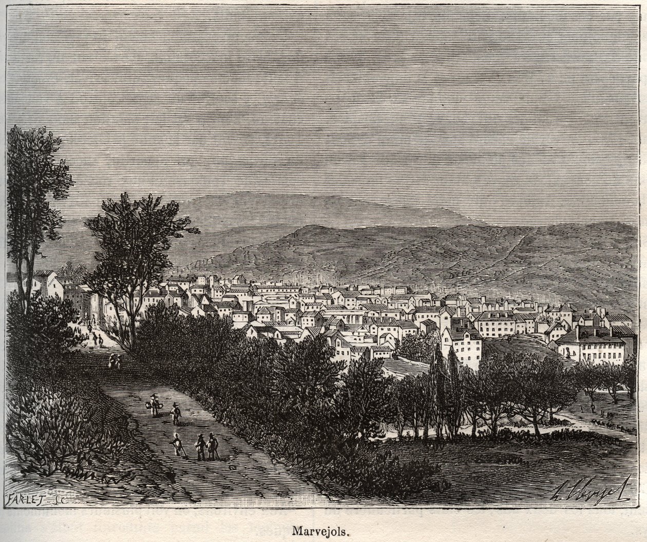 Marvejols - Lozere - Languedoc-Roussillon - metszet a „La France illustrée: földrajz, történelem, statisztikai adminisztráció” könyvében, V.-A. Malátabarna. 1884 alkotó: French School