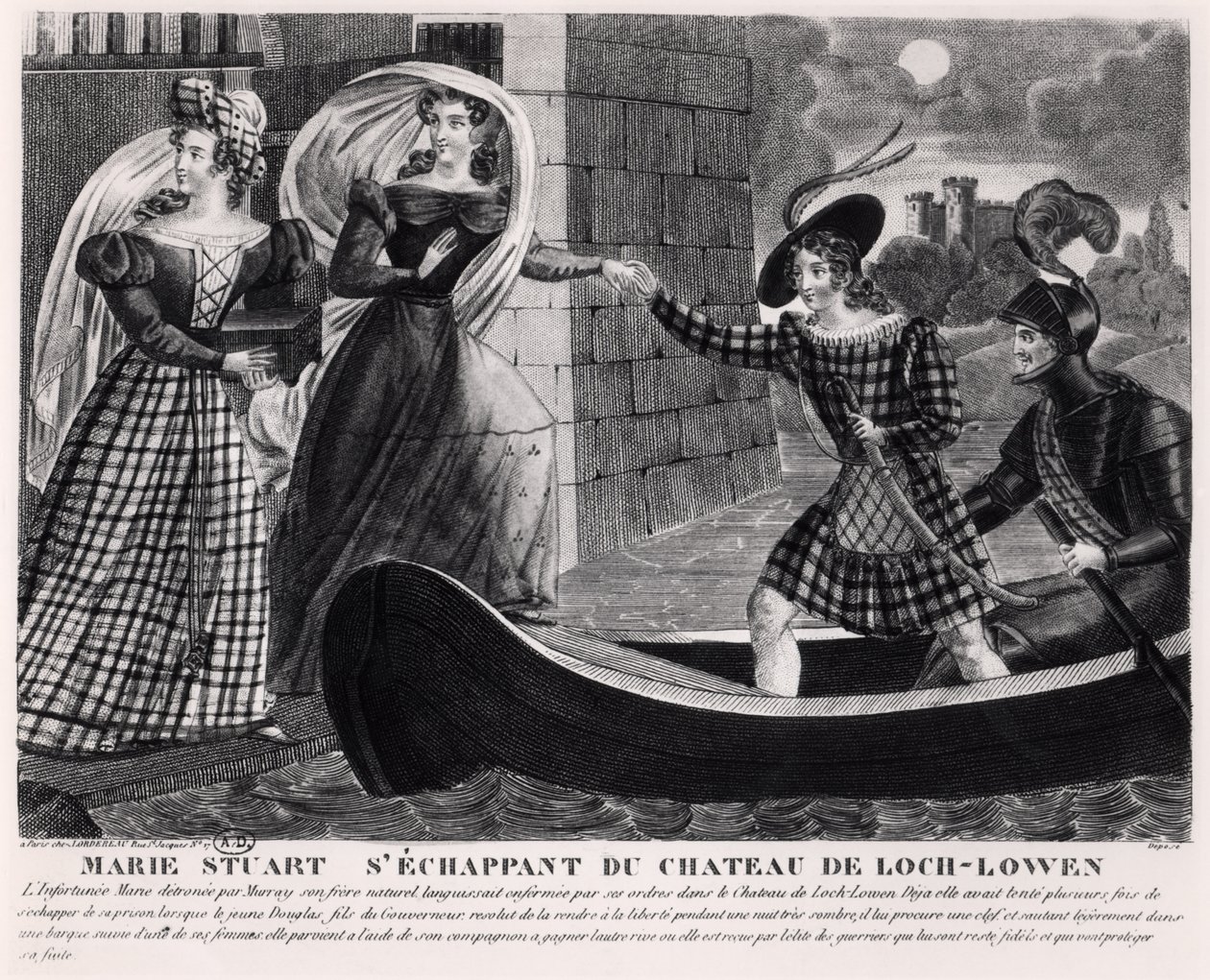 Stuart Mária (1542-87) menekül a Loch Leven kastélyból alkotó: French School