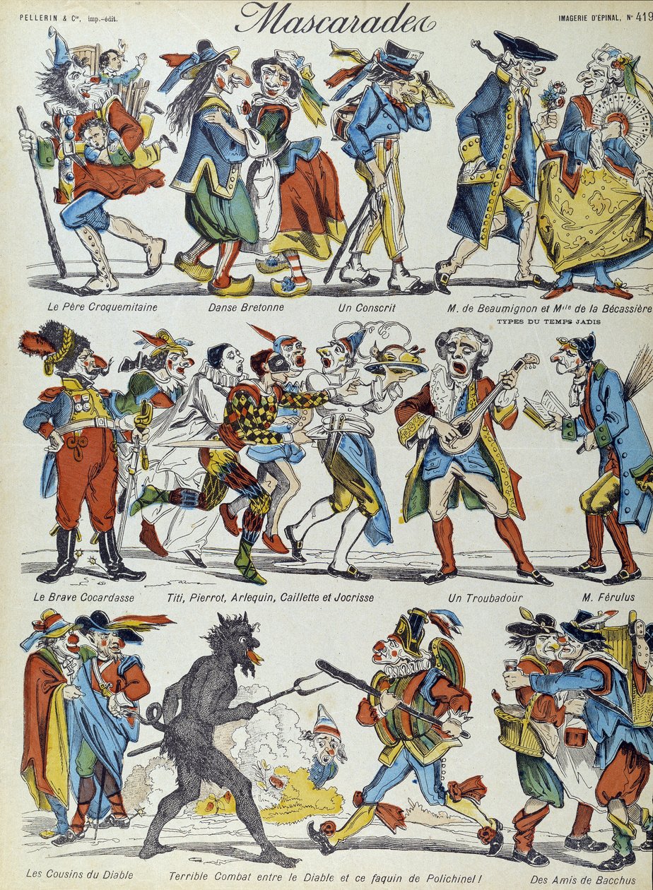Álarcos: maszkos karikatúrafigurák – Epinal képe alkotó: French School