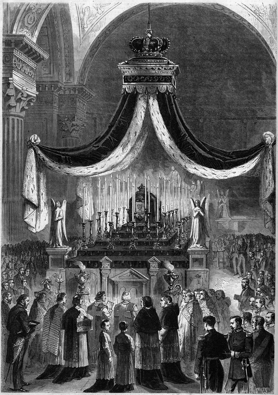Szentmise a párizsi Madeleine-templomban 1861. november 21-én V. Péter (V. Pedro) és testvére, a portugál Fernand (Fernando) emlékére. Metszet a „” Le Monde Illustré”” 242. számában, november 30 alkotó: French School