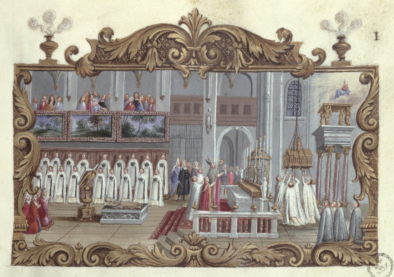 Szent Genevieve tiszteletére szentelt mise, kéziratból, 1709 alkotó: French School