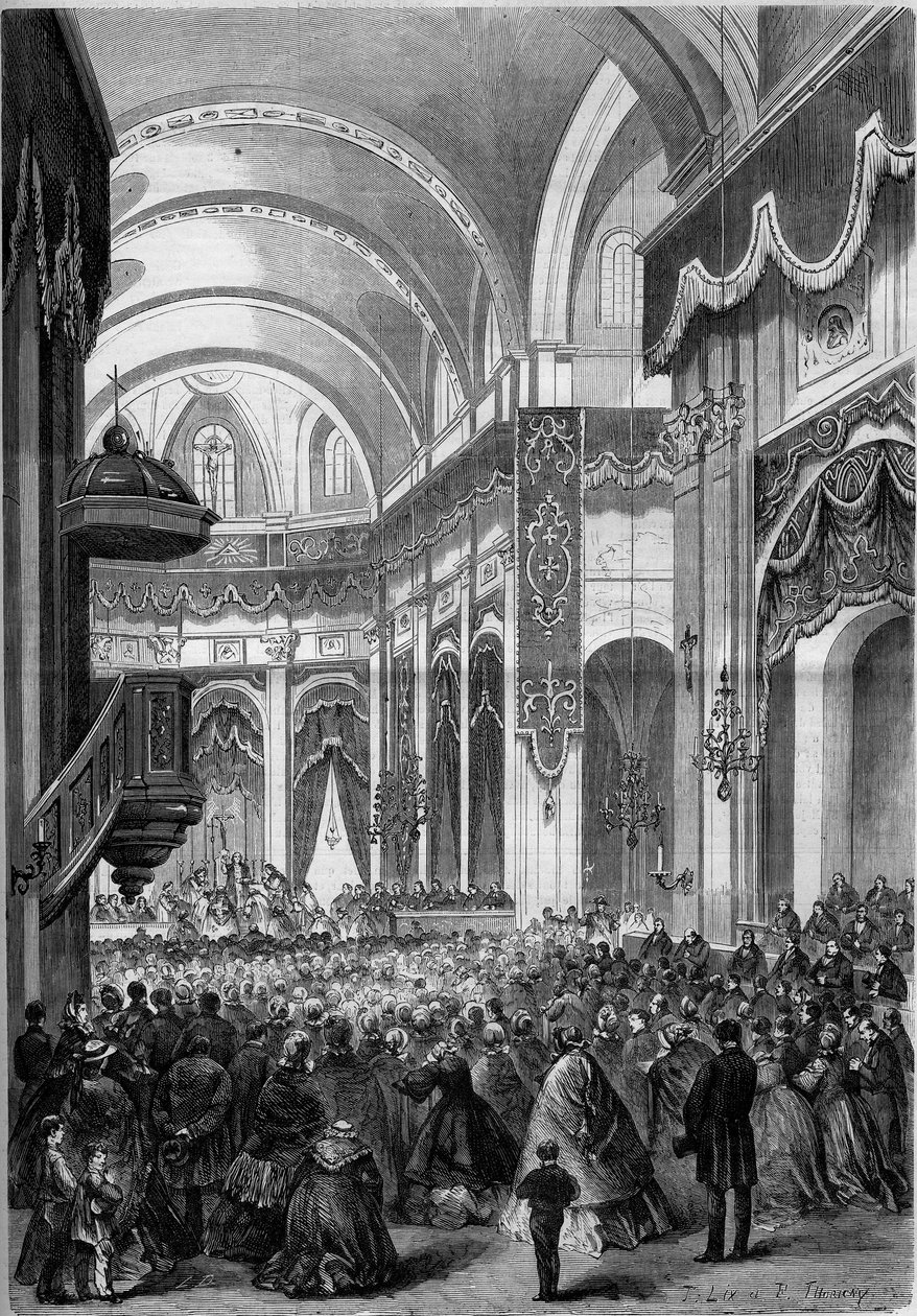 Mindenszentek szentmiséjét a párizsi Saint Nicolas du Chardonnet-templomban celebrálják, mint Római Szent Pétert a japán vértanúk szentté avatására. 1862. Metszet a „” Le Monde Illustré”” 291. számában, 1862. november 8.. alkotó: French School