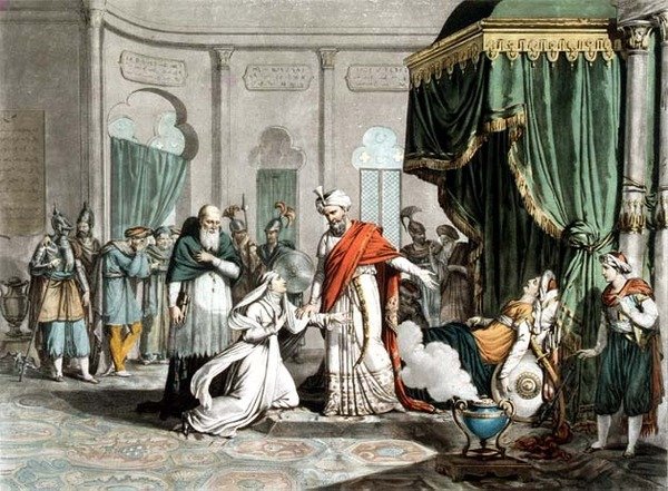 Mathilda Malek-Adhel holttestét kéri Saladintól, Pierre Michel Alix (1762-1817) metszetében (metszet) alkotó: French School