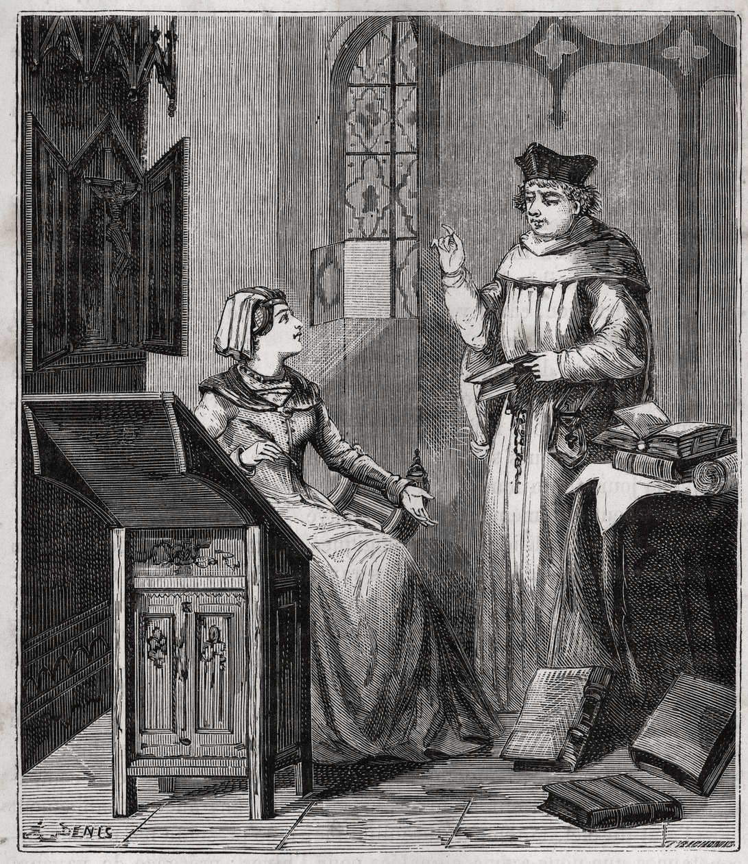 Matthieu Lansbert (Lansberg, Lansbergh, Laensberg vagy Laensbergh) (15.-16. század) et sa unokahúga - Metszet „Mindenki számára elérhetővé tett tudományok – fizika és kémia” című könyvbe, Alexis Clerc - 19. század vége - Magángyűjtemény alkotó: French School