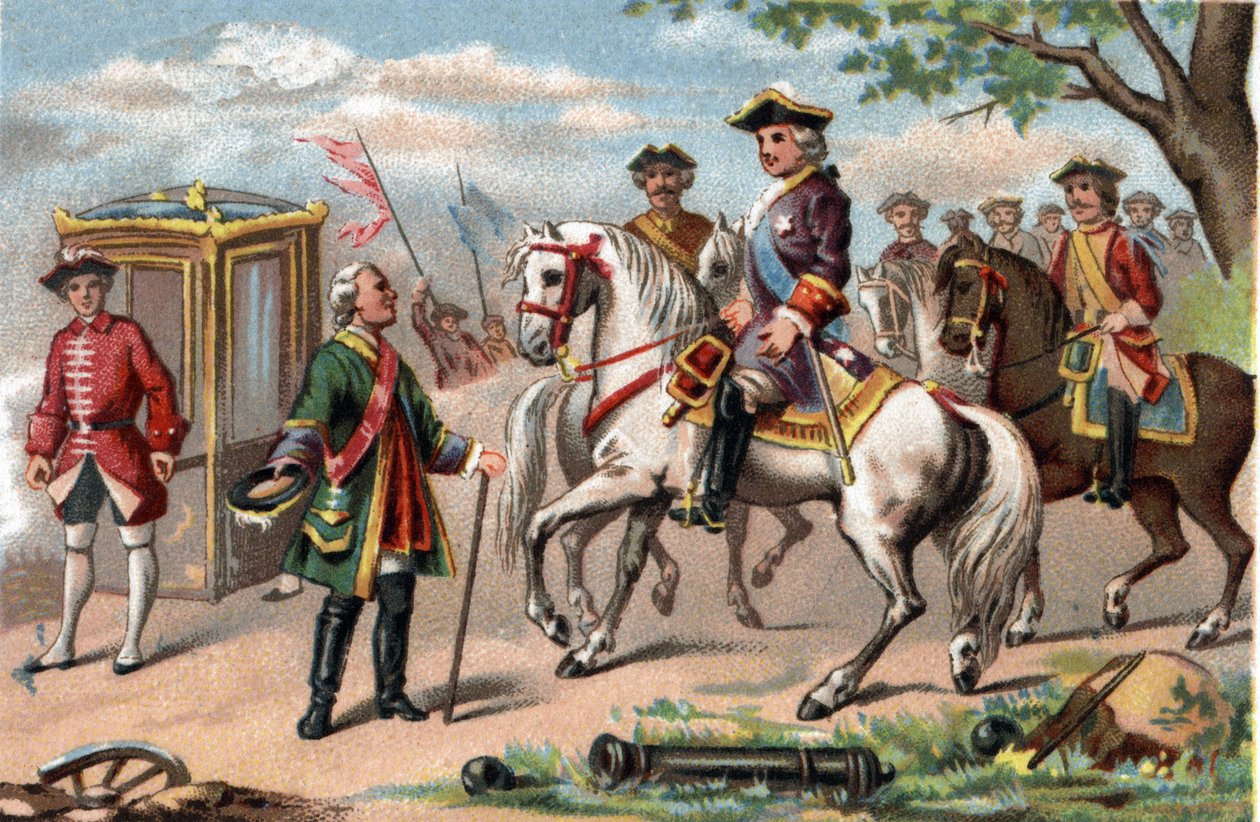 Szász Maurice, a szászországi marechal (1696-1750), a fontenoyi csatában győztes, találkozott XV. Lajos franciasággal (1710-1774). Kromolitográfia 1890 körül. alkotó: French School