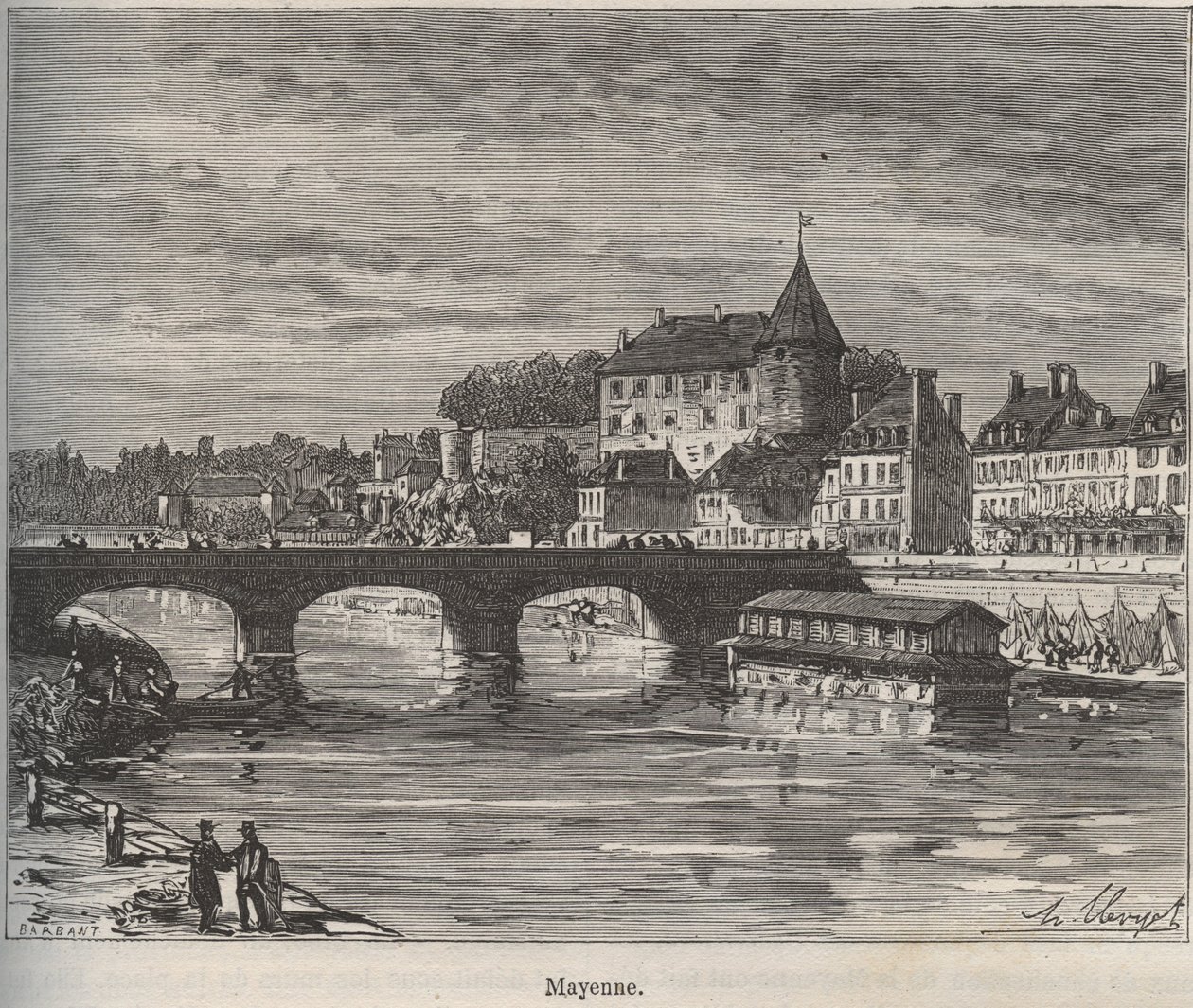 Mayenne település Nyugat-Franciaországban, Pays de la Loire régióban. V.-A. „La France illustree: geographia, történelem, közigazgatási statisztika” vésése. Maláta-barna. 1884 alkotó: French School
