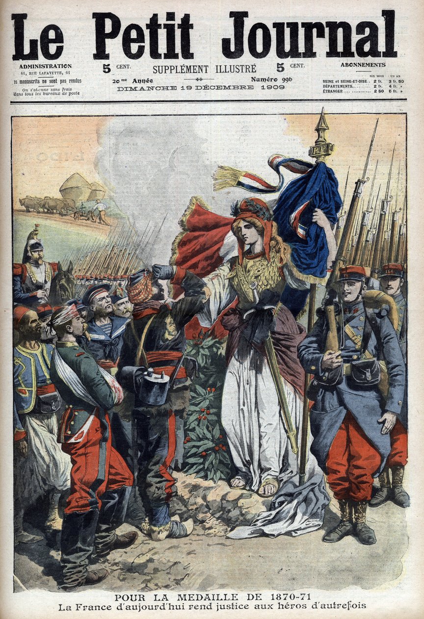Érem az 1870-1871-es háború veteránjainak: Franciaország allegóriája, amely igazságot szolgáltat a múlt hőseinek – „Le Petit Journal”, 1909. december 19. (metszet) alkotó: French School