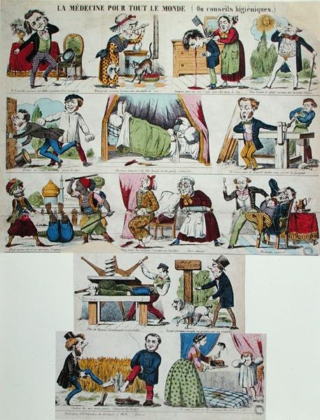"Gyógyszer mindenkinek vagy higiéniai tanácsok", szatirikus orvosi rajzfilm, 19. század közepe (színes metszet) alkotó: French School
