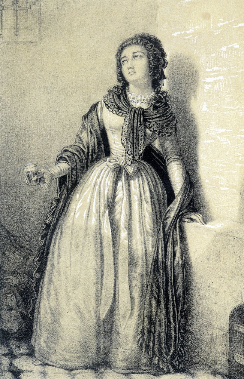Melle (Mademoiselle) de Sombreuil bebörtönzött a Saint Germain apátságban, és megitta a pohár vért, hogy megmentse apját a forradalmárok kezéből – Albert Maurin „Galerie historique de la Revolution Française” című könyvében, szerk. Párizs 1843 alkotó: French School