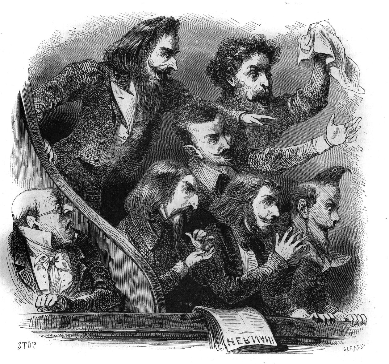 A romantikus irodalmi mozgalom tagjai Victor Hugo „Hernani” (1802-1885) című darabjának első bemutatóján a párizsi Comedie Francaise-ben, február 25-én. alkotó: French School