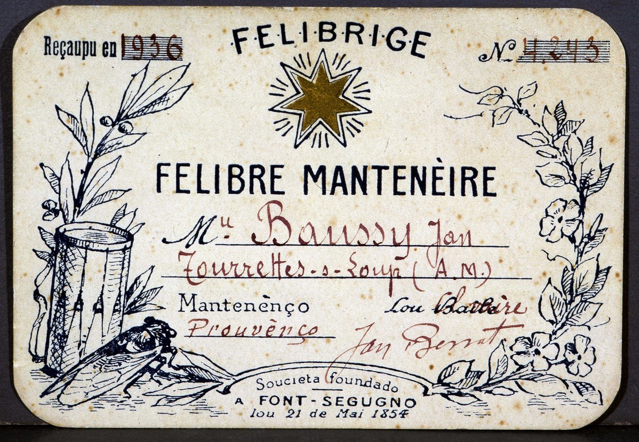 Jan Baussy tagsági igazolványa a Felibrige, Felibre Egyesületnél alkotó: French School