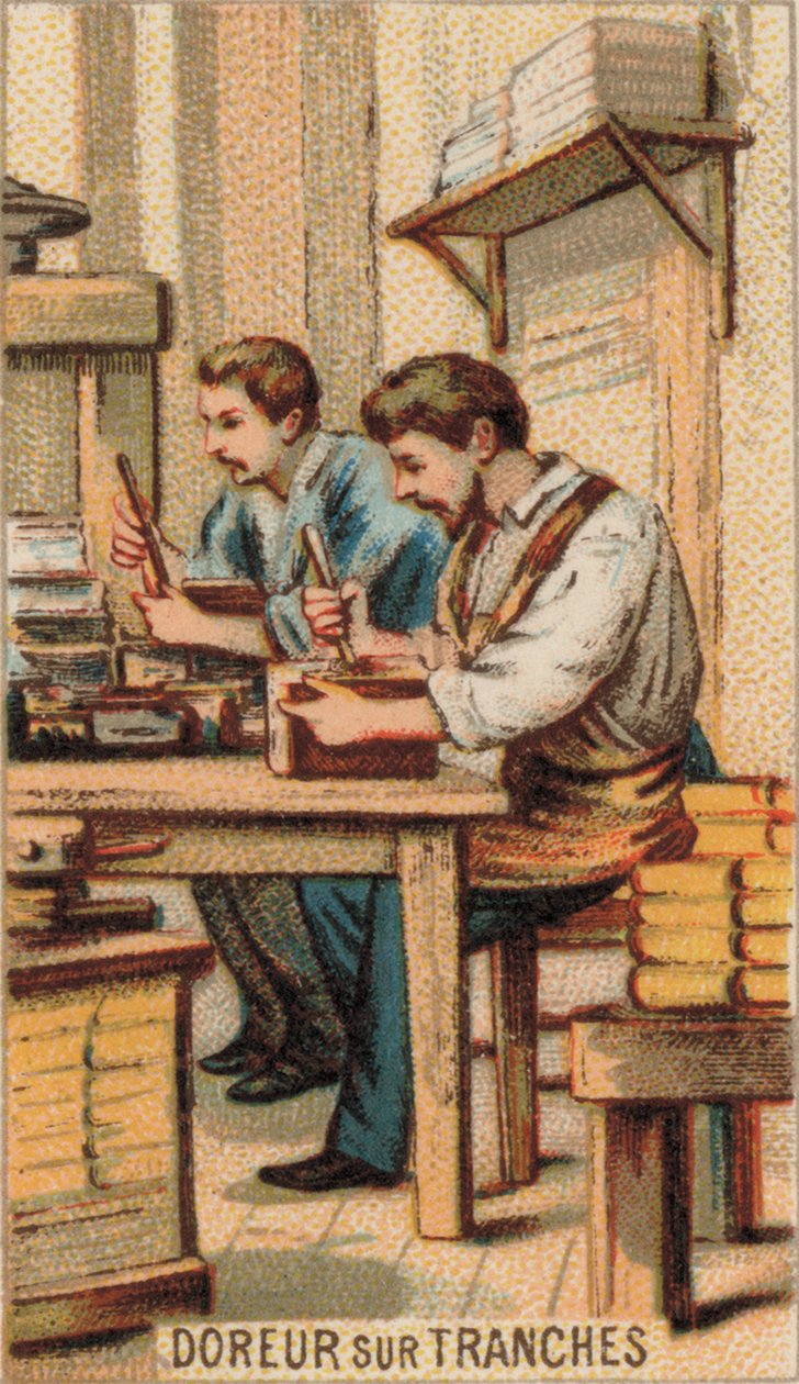 Férfiak könyvek aranyozása arannyal (chromolitho) alkotó: French School