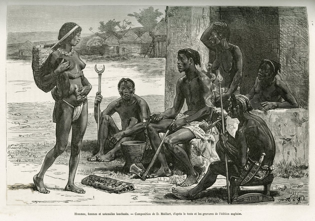 Férfiak, nők és használati tárgyak (Bihe régió, Ruanda). D. Maillart metszete, a "Hogyan szeltem át Afrikát az Atlanti-óceántól az Indiai-óceánig" című, Serpa Pinto őrnagy által 1877-1878-ban, a Tour du monde-ban megjelentetett, Ed. alkotó: French School