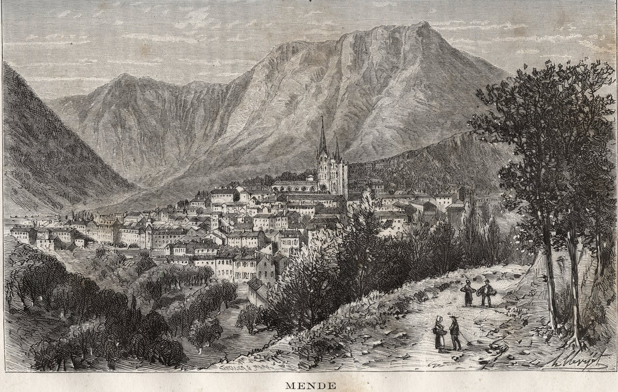 Mende - Lozere a Languedoc-Roussillon régióban - metszet a „La France illustrée: földrajz, történelem, statisztikai igazgatás” című könyvében V.-A. Malátabarna. 1884 alkotó: French School
