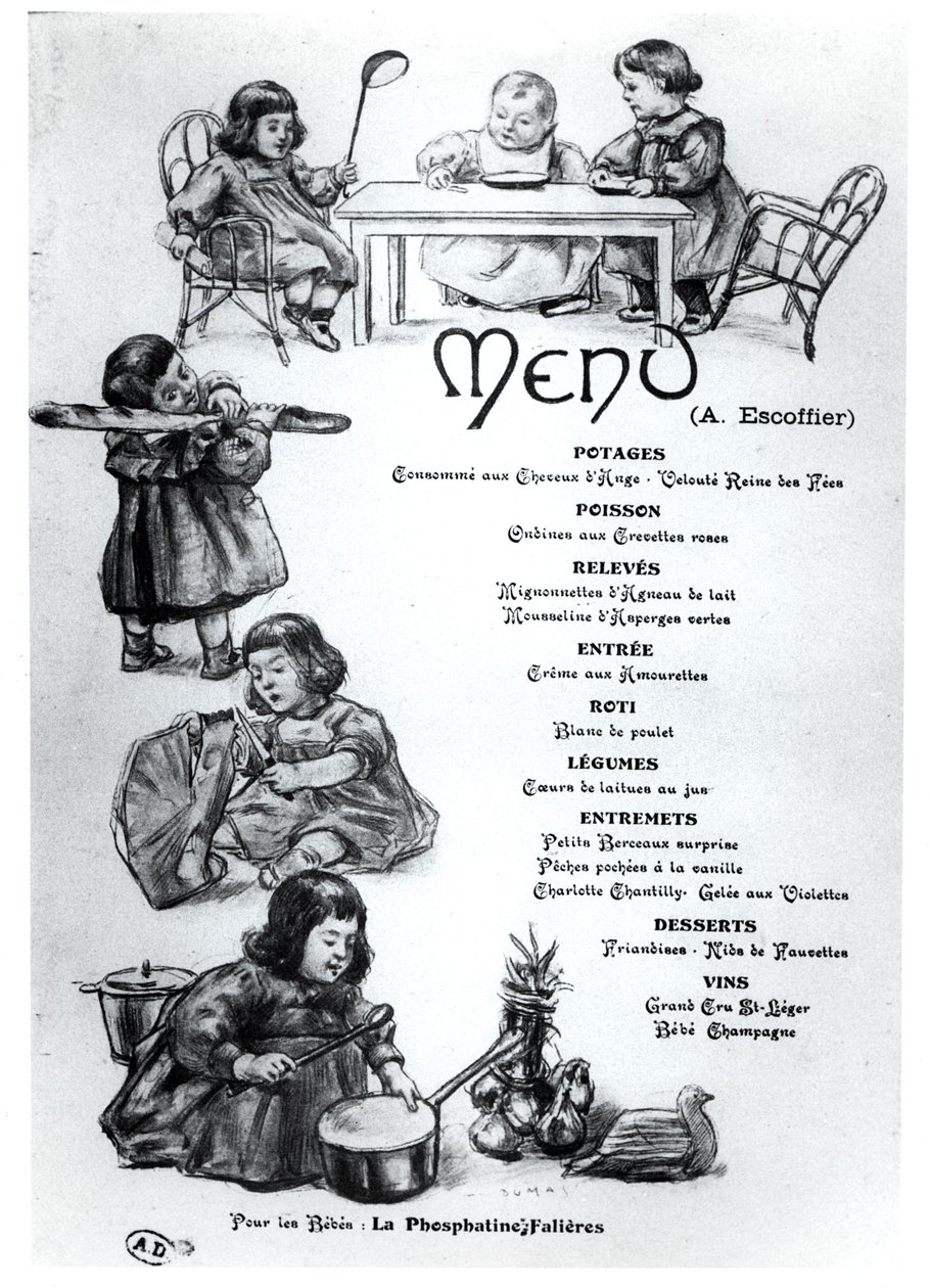 Menü, amelyet Auguste Escoffier (1846-1935) készített a Gyermekek és csecsemők számára, c. 1900 alkotó: French School
