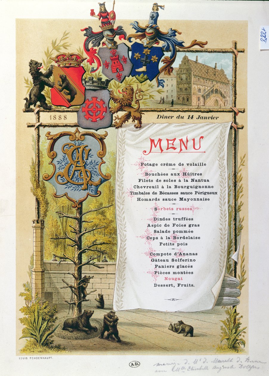 Menü, valószínűleg Le Bernois-ból, 1888. január 14-én alkotó: French School