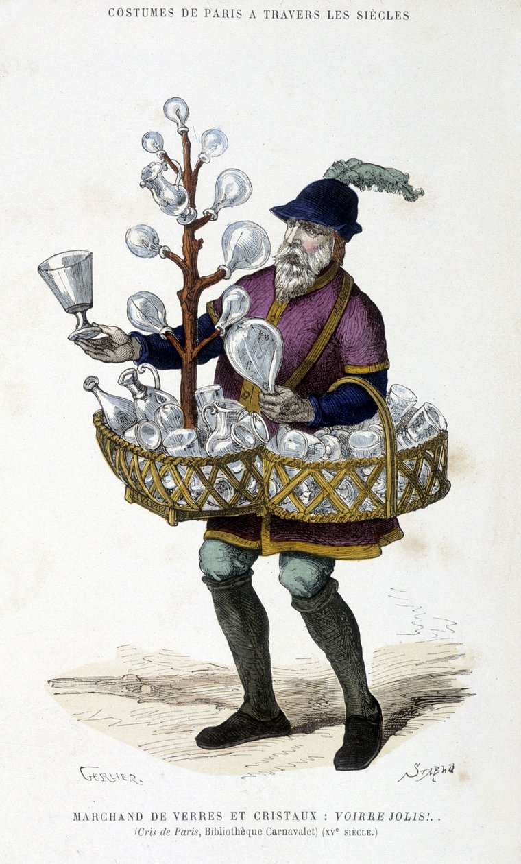 Üveg- és kristálykereskedő a 15. században - „Paris a travers les siecles”-ben, H. Gourdon de Genouillac, edF. Roy, Párizs alkotó: French School