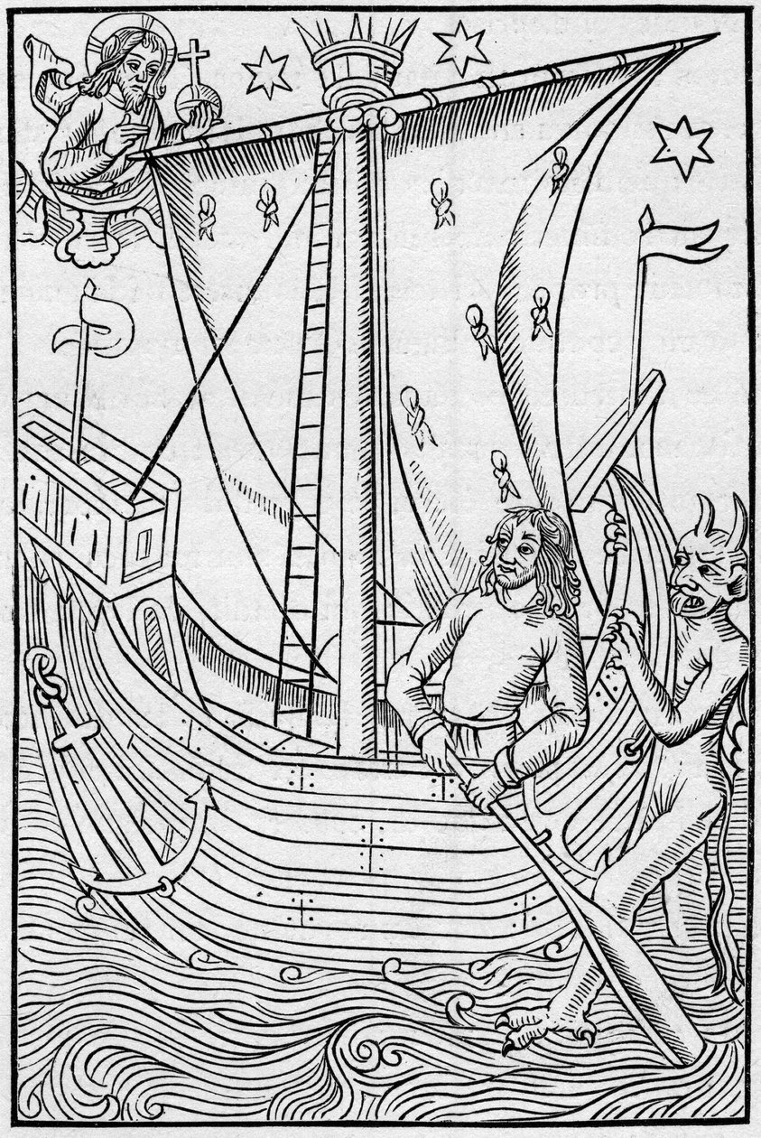 A középkor kereskedelmi hajója a tenger veszedelmei között. Metszet: „La Marine et les colonies: kereskedelem” alkotó: French School