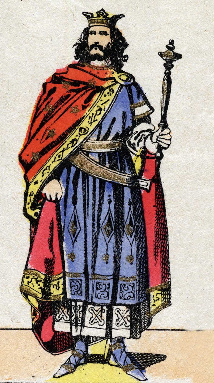 Meroving-dinasztia: II. Chilperic (kb. 700-721), a frankok királyának portréja 715-től 721-ig. Epinális képalkotás a 19. század végéről. Magángyűjtemény. alkotó: French School