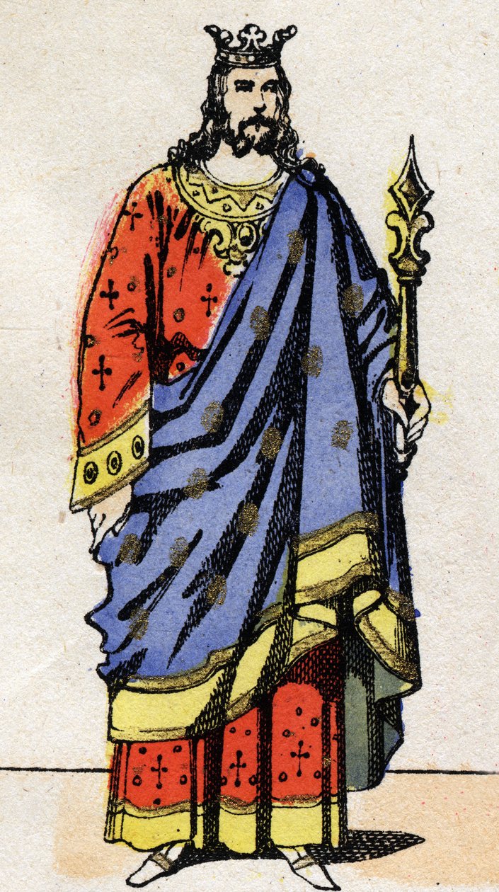 Meroving-dinasztia: III. Dagobert (699-715), a frankok királyának portréja 711-től 715-ig. Epinális képalkotás a 19. század végéről. Magángyűjtemény. alkotó: French School