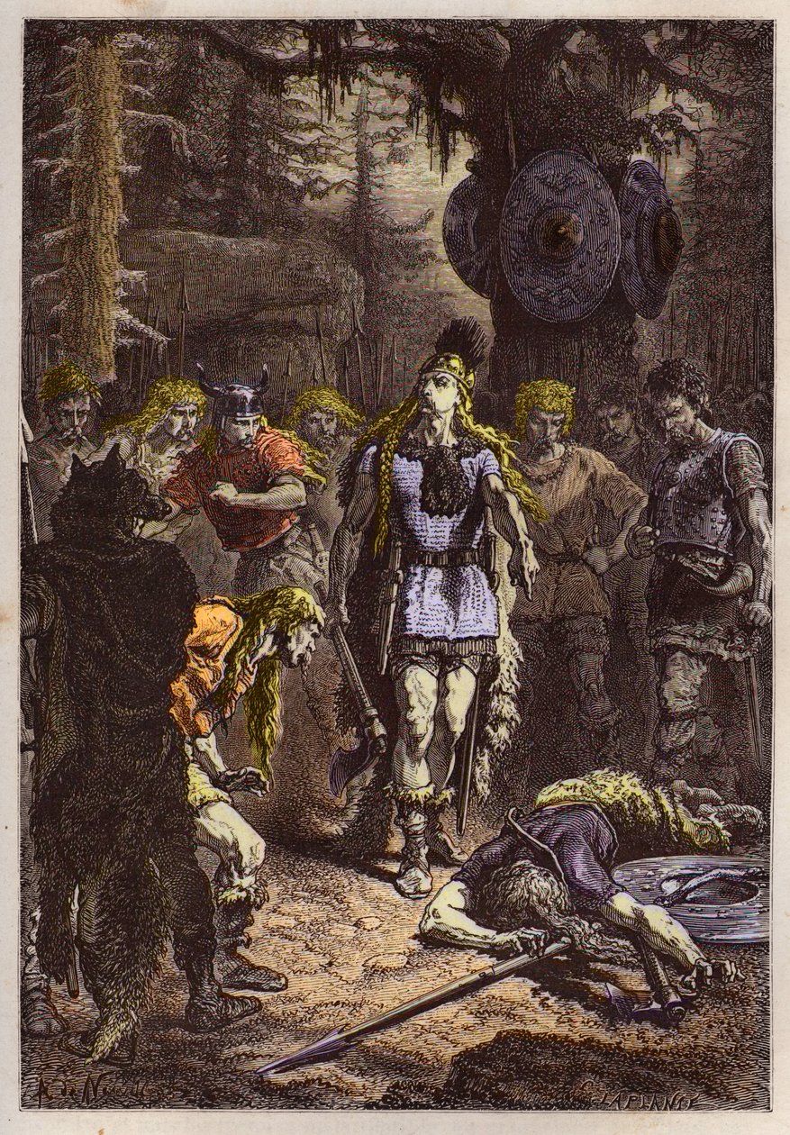 Merovingiens: Clovis 1er lelövi a katonát, aki összetörte Soissons vázát, en 486 - Clovis (465-511) és a frank harcos, aki összetörte Soissons vázát 486-ban - metszet a „” L