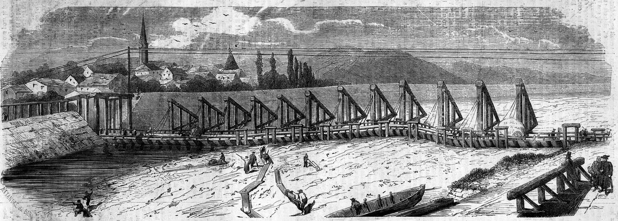Meteorológiai jelenségek: a Rajna kiszáradása 1858-ban. Kilátás a Kehl-hídra (Németország), a francia parttól lefelé. Metszet a „” Le Monde Illustré”” 50. számában, 1858. március 27-én. alkotó: French School
