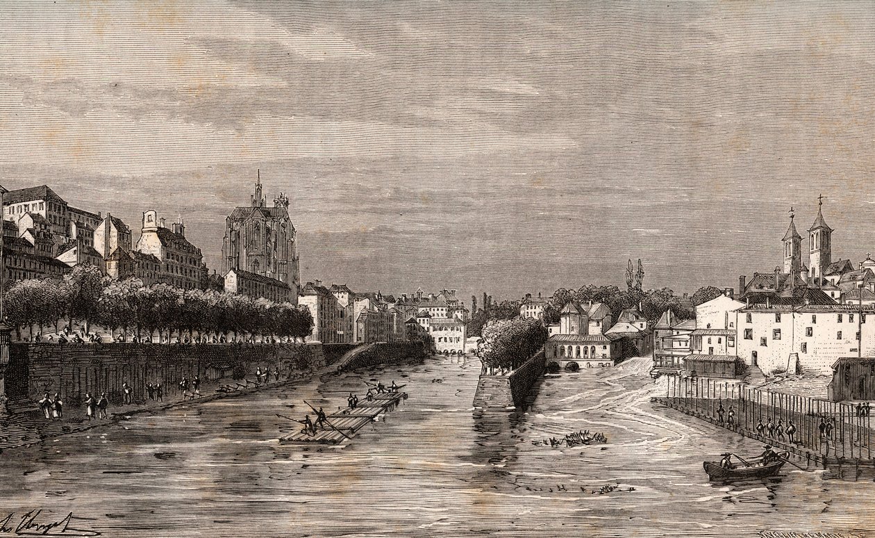 Metz – kilátás a Saint-Georges kikötőre – Moselle – V.A. Malt-Brown „La France illustrée: földrajz, történelem, statisztikai igazgatás” című metszete. 1884 alkotó: French School