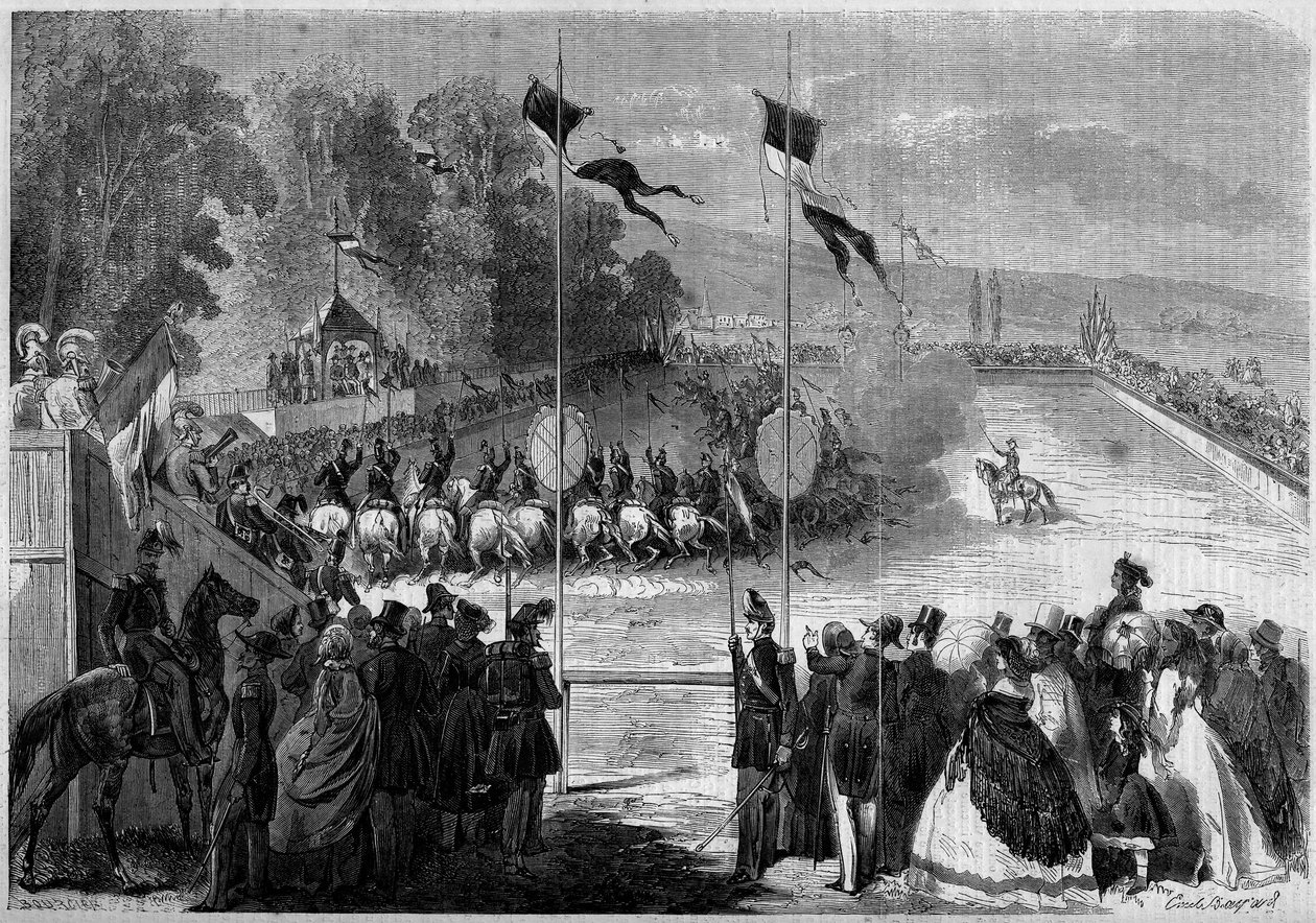 Katonai körhinta, amelyet Saint Cyr (Saint-Cyr) diákjai hajtottak végre. Morbihan (56), 1861. augusztus 31. Metszet a „” Le Monde Illustré”” 230. számban, 1861. szeptember 7.. alkotó: French School