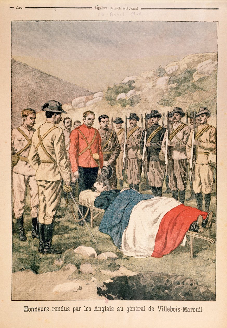 Katonai kitüntetéseket osztottak ki Georges de Villebois-Mareuil (1847-1900) tábornoknak a britek a boshofi temetőben, illusztráció a Le Petit Journalból, 1900. április 29. alkotó: French School