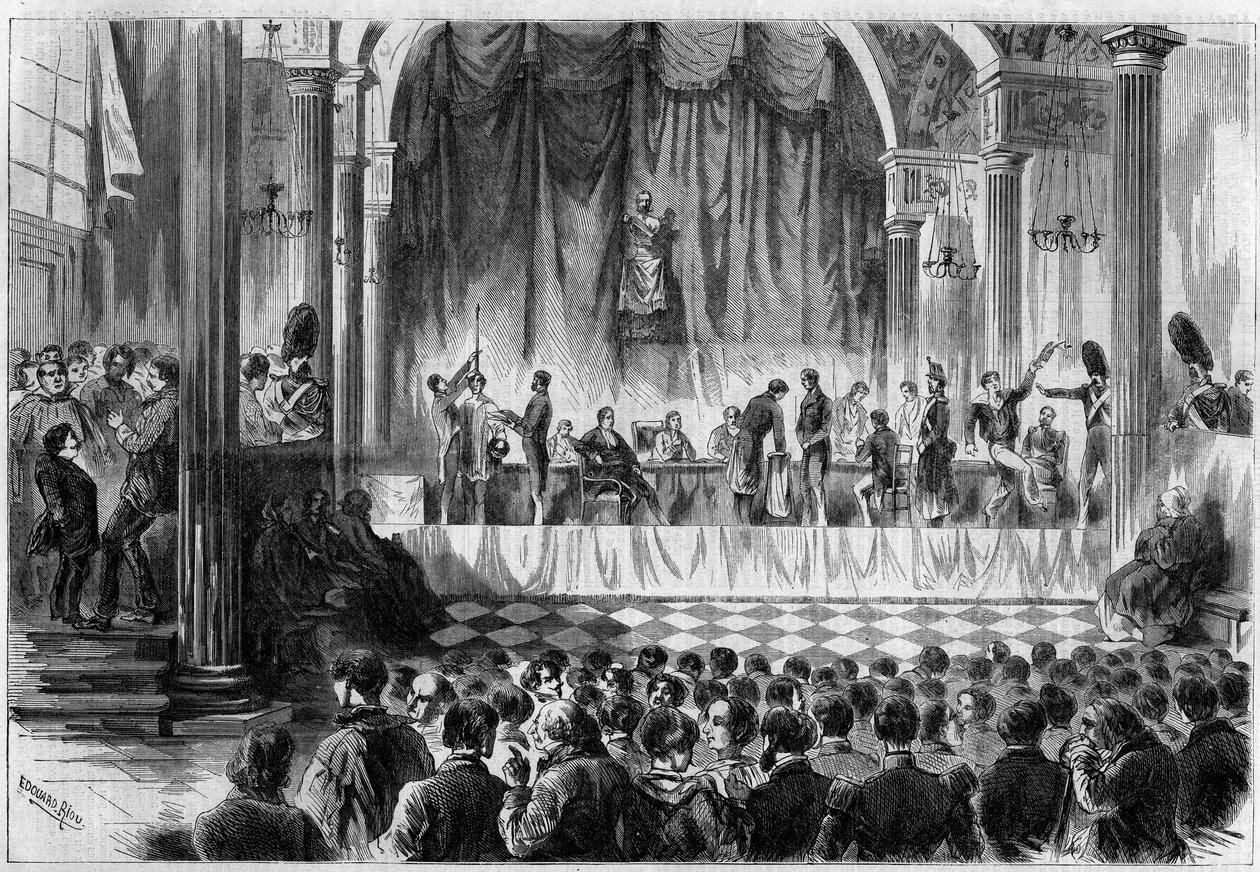 Katonai toborzás: sorsolás az 1858-as hadkötelesek számára a párizsi Hotel de Ville Saint Jean termében. Metszet a „” Le Monde Illustré”” 44. számában, 1858. február 13-án. alkotó: French School