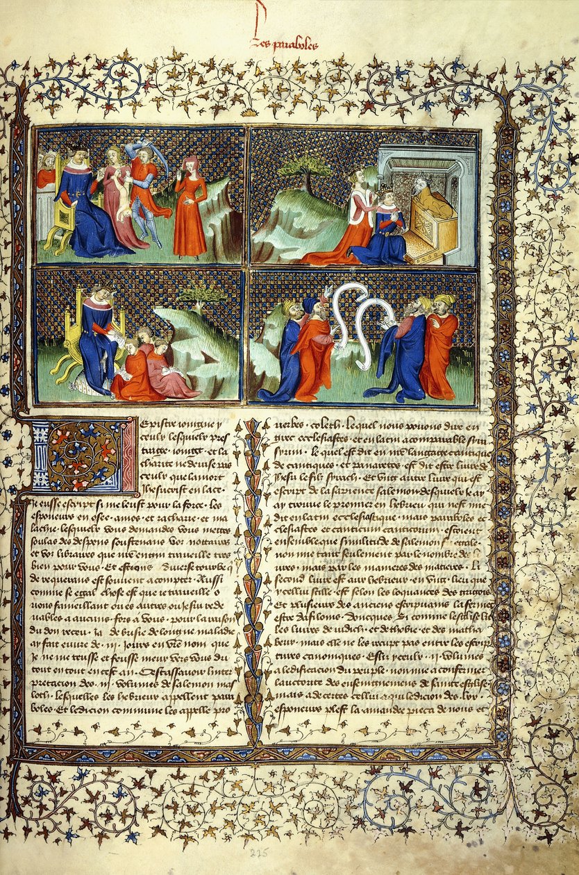 Az anyák ítéletét, Sába királynőjének érkezését, Salamon tanítását és az orvosok vitáját illusztráló miniatűr, 1410 körül alkotó: French School