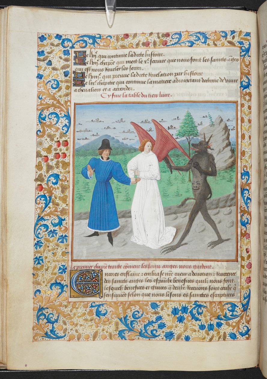 Miniatűr egy férfi őrangyallal és egy ördöggel Sloane MS 3049 f. 27. c. 1480 (vellum) alkotó: French School