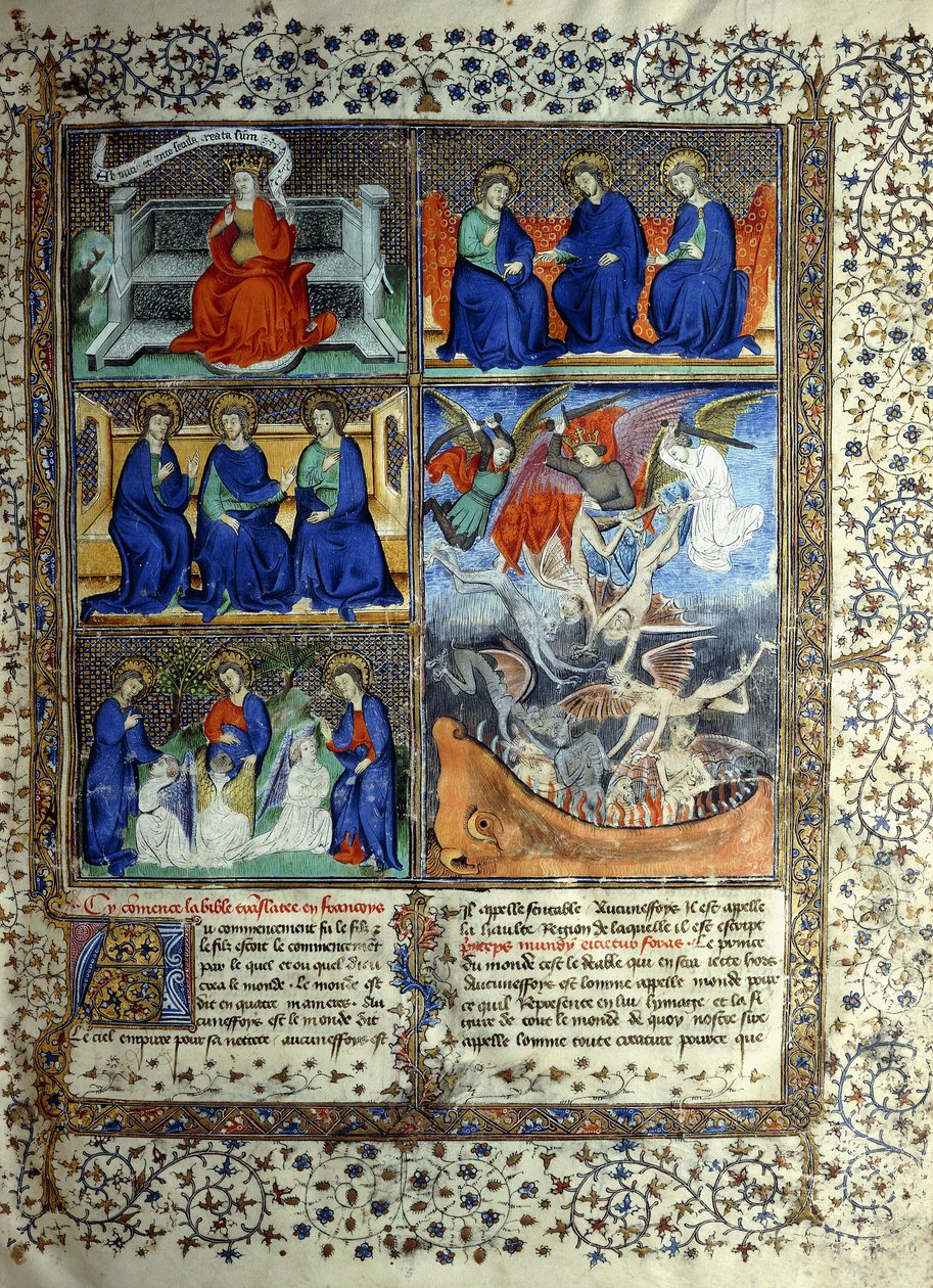 A mennyek országát ábrázoló miniatúra a teremtés előtt: Sapientia, a Szentháromság és Lucifer kiűzése a mennyből, 1410 körül alkotó: French School