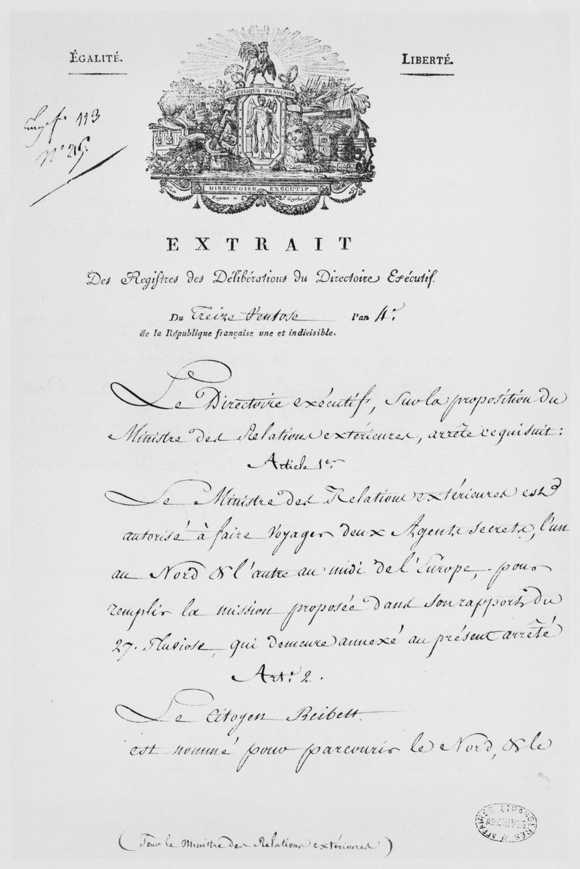 Külügyminisztérium, két titkos ügynök jelölése, 1796 (tintával papíron) alkotó: French School