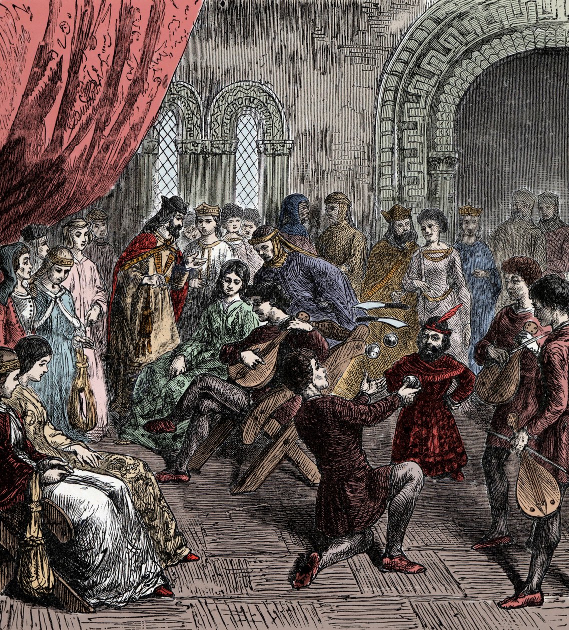 Menstrels and Jugglers at Court (kézzel színezett metszet) alkotó: French School