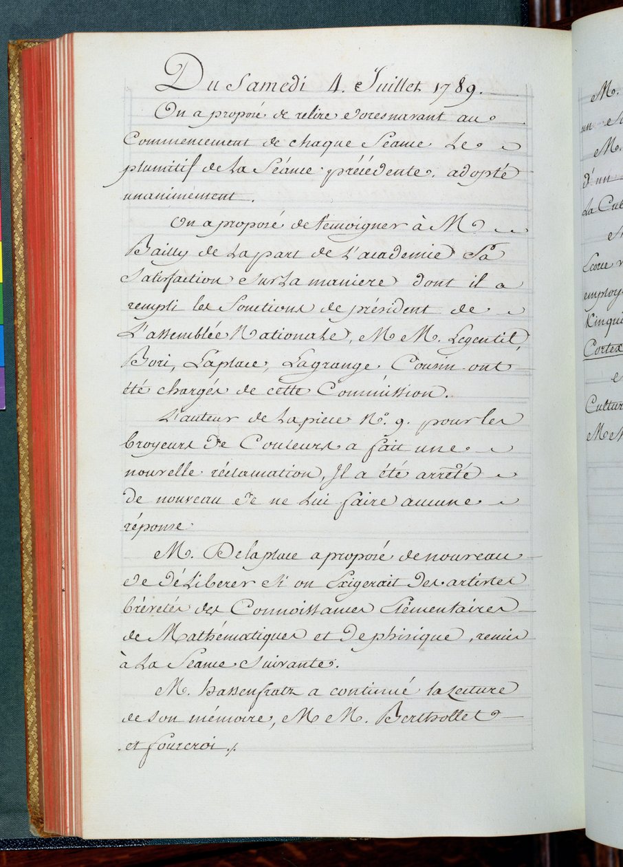Jegyzőkönyv a Tudományos Akadémia 1789. július 4-i üléséről (tintával, papíron) alkotó: French School