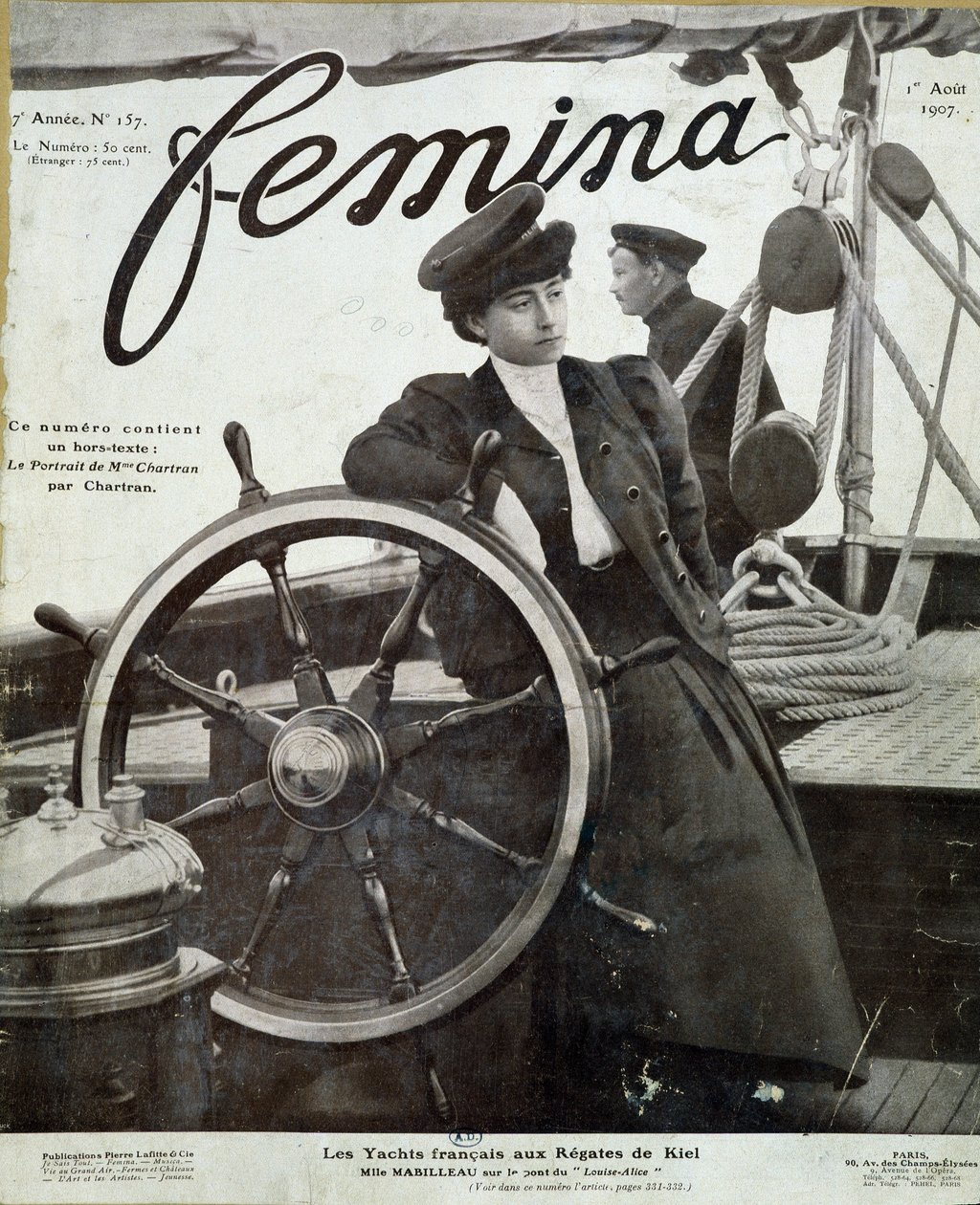 Miss Mabilleau a "" Louise-Alice""" jacht hídján a kieli regattán - a "" Feminában" 1907.08.01. alkotó: French School