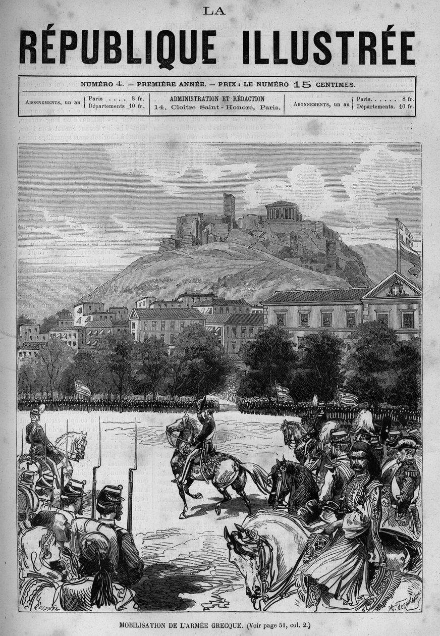A görög hadsereg mozgósítása Athénész utcáin. Láthatjuk az Akropoliszt és a Parthenont. Egy újság. Metszet 1880-ból a „La republique illustree”” magángyűjteményben. alkotó: French School